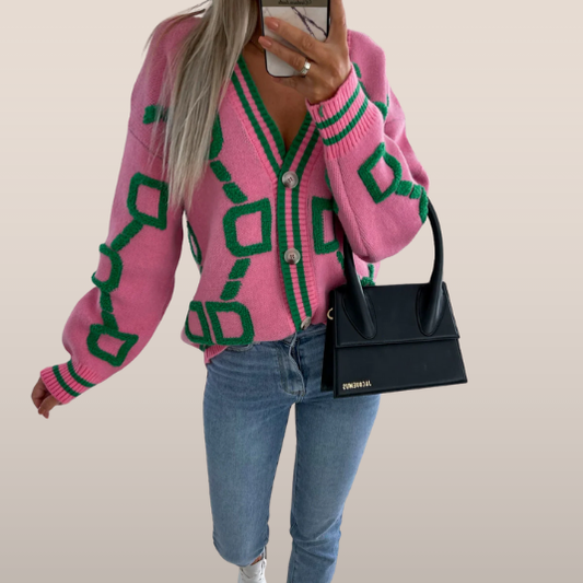 Dames Gebreid Vest – Korte Cardigan met Knopen en Grafisch Motief